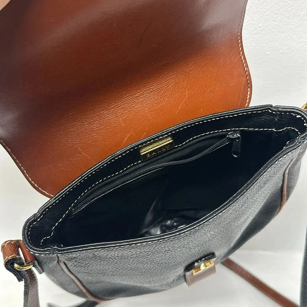Bally Shoulder Bag Crossbody Strap Purse Pebbled Leather Brown Black Vintage - Picture 12 of 14